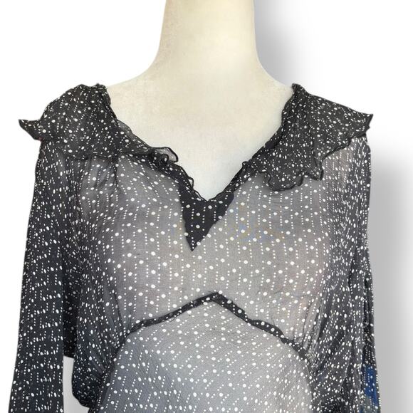 Vintage Y2K Blouse Black Sheer Silk Ruffle Top Polka Dot Lightweight Flowy - Picture 2 of 7